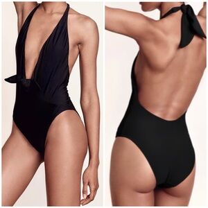 NWT Bondi Born Alessandra One Piece Swimsuit Black Halter Plunge Neck Sz 8
